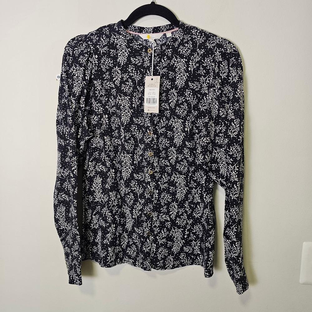 NWT Boden Black White Floral Print‎ Button Front Long Sleeve Blouse Top Size 6